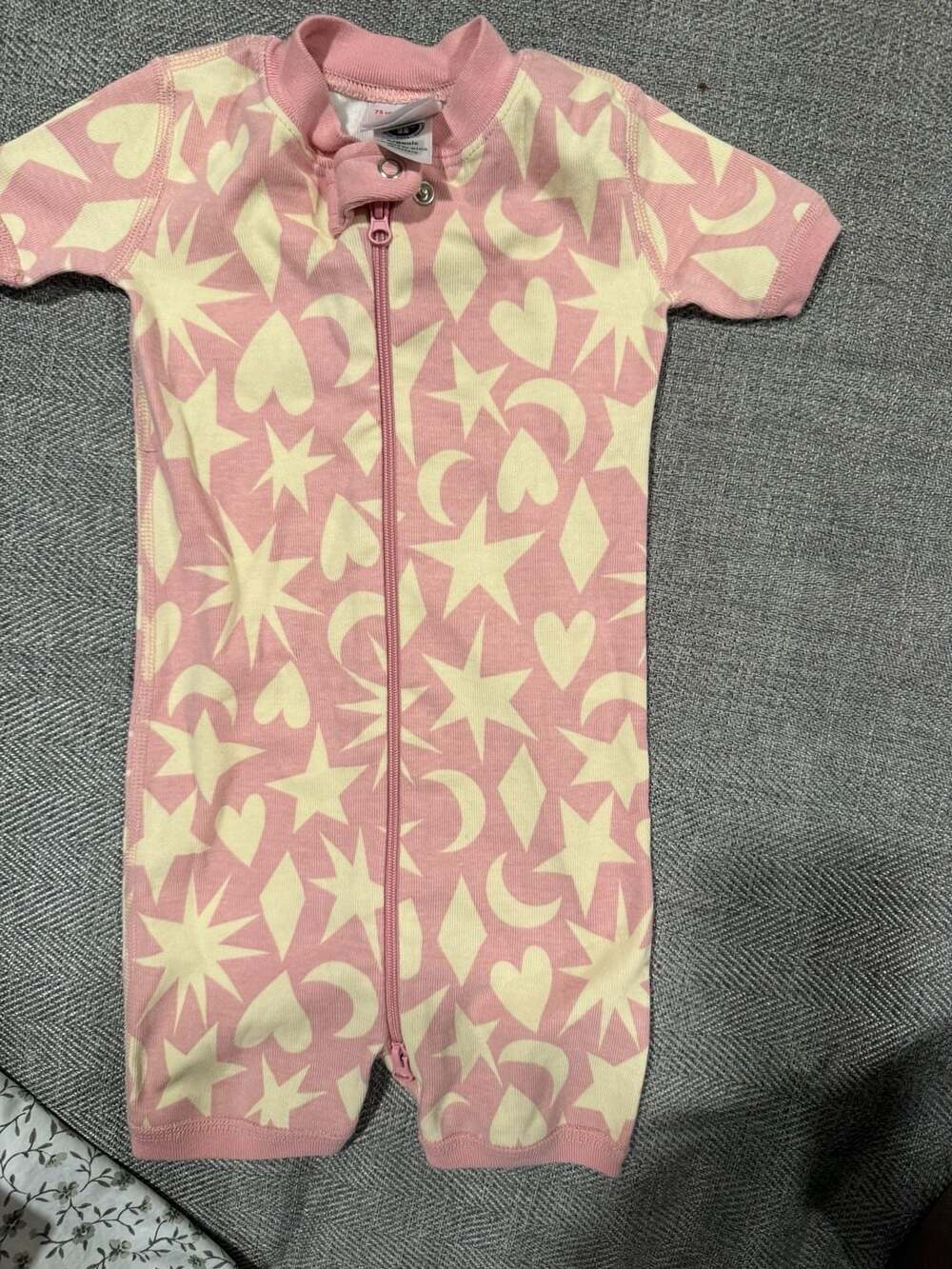 Hanna Andersson Organic Cotton Short Sleeve Zippy Romper in Pink Celestial Print